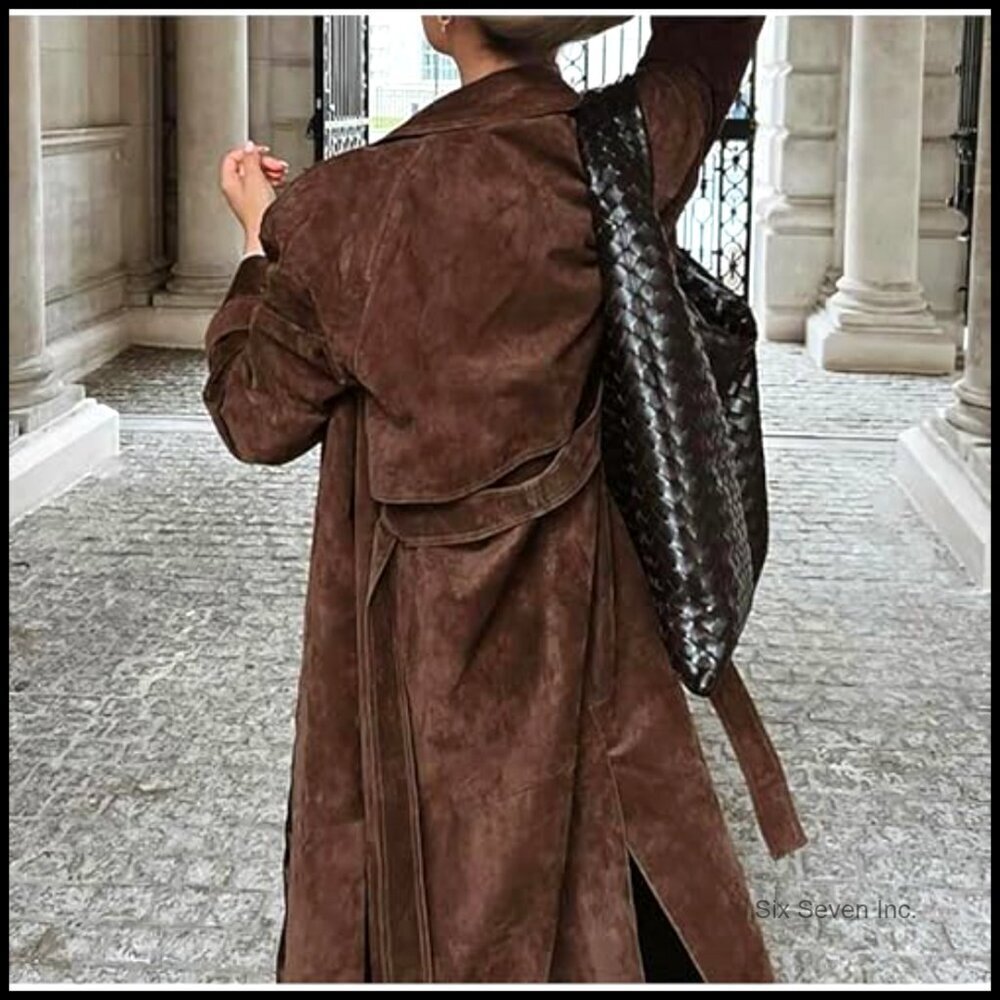 Faux Suede Long Trench Coat Notched Lapel Double Breasted Slim Fit Elegant - Picture 2 of 7